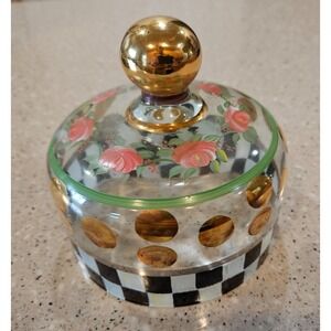 MacKenzie-Childs Hand Painted Glass Dome Cloche Courtly Check Gold Floral